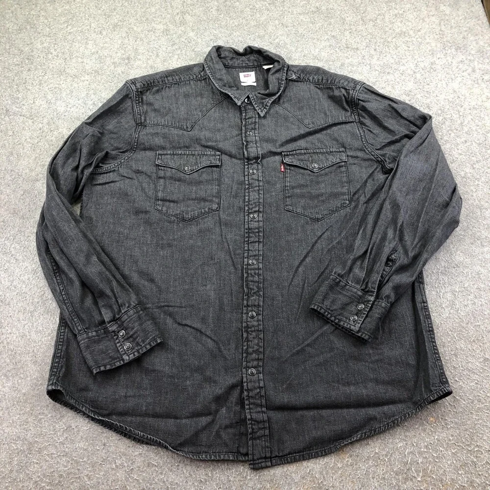 Levis Shirt Mens XL Gray Denim Long Sleeve Western Snap Button Up Casual